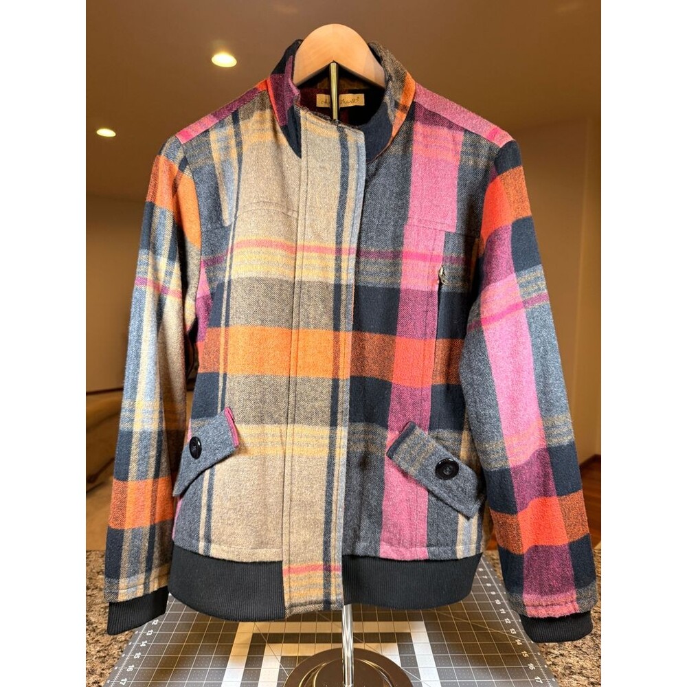 Keren Hart Women's M Wool Blend Plaid Bomber Jacket Pink Orange Zip Front